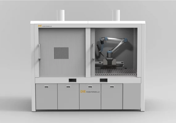 Roboterzelle 1 Roboterzelle für Roboter und Cobots mit einem Universal Robots UR10e. Der Roboter ist am Schweißen