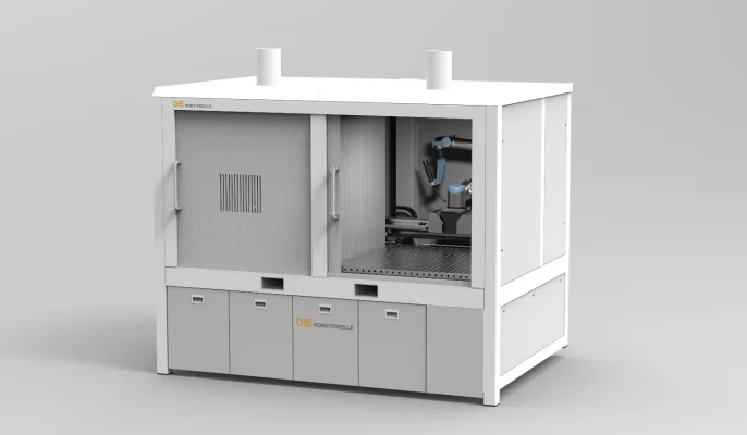 Roboterzelle 5 Eine Roboterzelle für Cobots und Roboter. Ein Cobot von Universal Robots ist in der Roboterzelle verbaut.