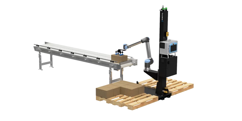Palettieren mit Robotiq 2 Robotiq Palettierer AX-Series mit Universal Robots UR10e und Förderband. Pakete fahren Richtung Roboter